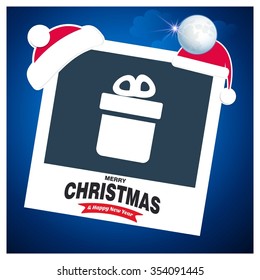 Merry Christmas celebration typography with gift box. photo frame with Santa Hat border and creative typography in footer on glowing Vector background