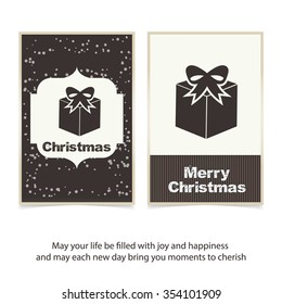 Merry Christmas celebration typography with gift box. Vintage label Front back Greeting card template. Vector brown Icon background illustration