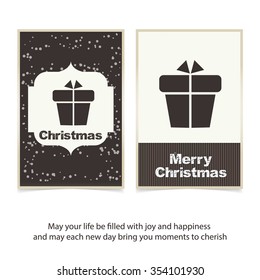 Merry Christmas celebration typography with gift box. Vintage label Front back Greeting card template. Vector brown Icon background illustration