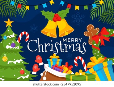 Merry Christmas Celebration Vector Illustration with Santa Claus, Bubble Ball, Gift Box, Surprise Gifts, Trees, and Snow in a Flat Cartoon Background