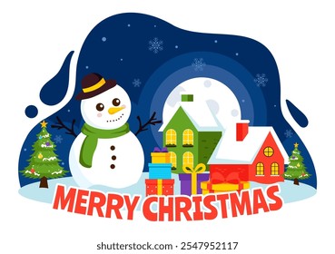 Merry Christmas Celebration Vector Illustration with Santa Claus, Bubble Ball, Gift Box, Surprise Gifts, Trees, and Snow in a Flat Cartoon Background