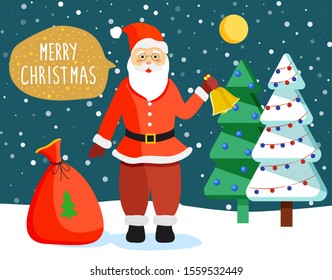 Merry christmas celebration vector, santa claus wearing traditional clothes holding bell. Saint Nicholas with bag loaded with presents. Night winter landscape with moon and pine tree with garlands