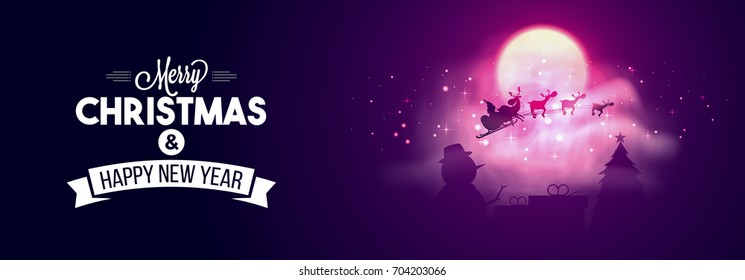 Merry Christmas celebration web banner with night view of a Santa riding his reindeer sleigh.
