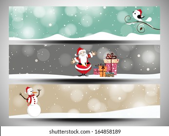 Merry Christmas celebration website header or banner set decorated with Santa Claus, Snowman and gift boxes.