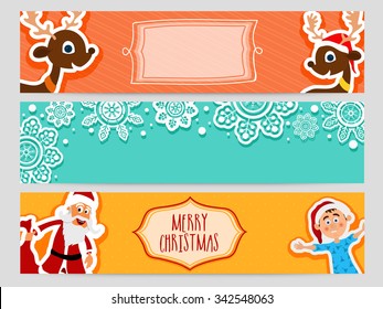 Merry Christmas celebration website header or banner set with cute Santa, boy and reindeers.