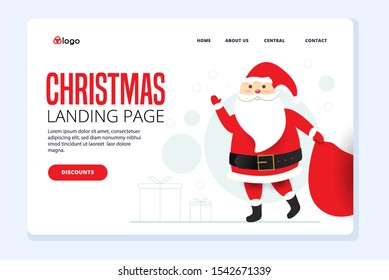 Merry Christmas Celebration Website Landing Page. Santa Claus in Red Costume and Hat Holding Big Sack Full of Gifts and Presents for Xmas Waving Hand Web Page Banner Cartoon Flat Vector Illustration