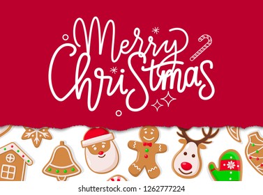 Merry Christmas celebration of winter holiday vector. Cookies made of gingerbread, mitten and reindeer, bell and Santa Claus with beard, star house