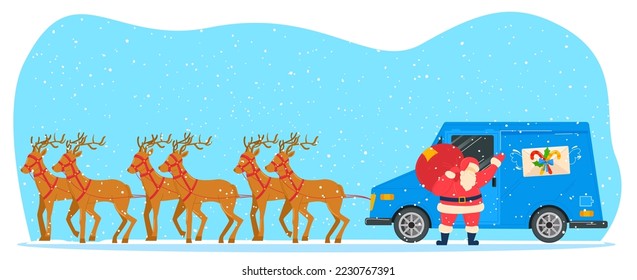 Merry christmas celebration winter mood, santa car in reindeer harness, fast delivery gift from shop, christmas sale vector illustration.