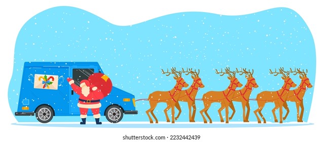 Merry christmas celebration, winter mood, santa car in reindeer harness, holiday gift, design cartoon style, vector illustration.