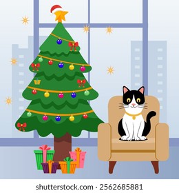 Merry Christmas Celebration-Cartoon Cat Sit on Arm Chair with Decorative Christmas Tree and Gift Box at Home Vector Illustration.