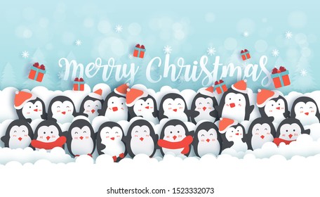 Merry Christmas , Christmas celebrations with cute penguins in the snow forest for Christmas card, Christmas background  in paper cut and craft style  style. 
