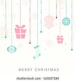 Merry Christmas celebrations flyer, banner or poster with hanging gift boxes, ornaments on abstract background. 