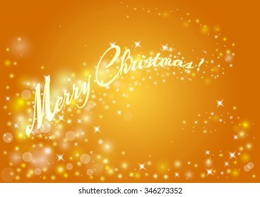 Merry Christmas celebrations flyer, banner, poster or invitation with shiny text. Merry Christmas message with lights, shining stars, sparkling inscription on gold