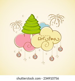 Merry Christmas celebrations with glossy X-mas Tree and other decorative ornaments hanging from clouds on fireworks decorated background. 