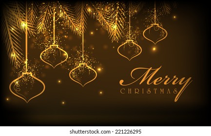 Merry Christmas celebrations greeting card design with hanging golden balls on brown background. 