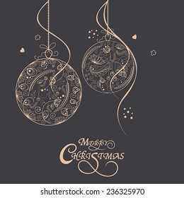Merry Christmas celebrations greeting card design with floral design decorated X-mas Balls on grey background.