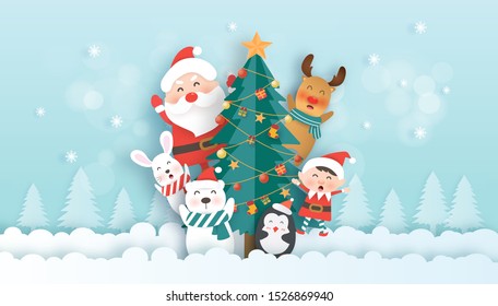 Merry Christmas , Christmas celebrations with Santa and  cute animals in the snow forest for Christmas card, Christmas background  in paper cut and craft style . 