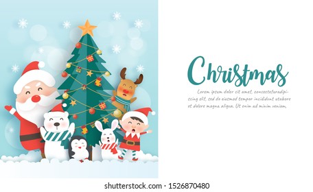 Merry Christmas , Christmas celebrations with Santa and  cute animals in the snow forest for Christmas card, Christmas background  in paper cut and craft style  style. 