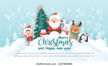 Merry Christmas , Christmas celebrations with Santa and cute animals  for Christmas card, Christmas background  and banner in paper cut and craft style .