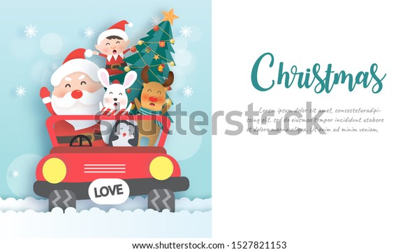 Merry Christmas ,\
Christmas celebrations with Santa and cute animals standing on a\
car for Christmas card, Christmas background  and banner in paper\
cut and craft style .