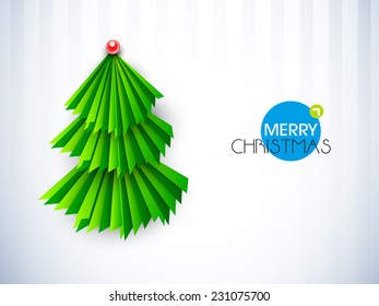 Merry Christmas celebrations with stylish paper X-mas Tree and stylish text on shiny blue background.