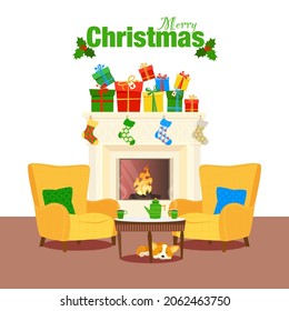 Merry Christmas! Chairs, table and Christmas fireplace with socks and gifts. Little doggie under the table. Vector. Illustration.