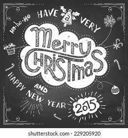 Merry Christmas chalkboard doodles greeting card on blackboard background