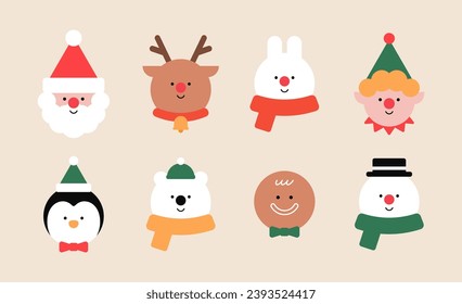 Merry Christmas character face set. Xmas avatar. Santa Claus, Animal, Snowman, Elf, Polar Bear, Reindeer, Rabbit, Penguin, Gingerbread man. Holiday winter design. Trendy style vector flat illustration