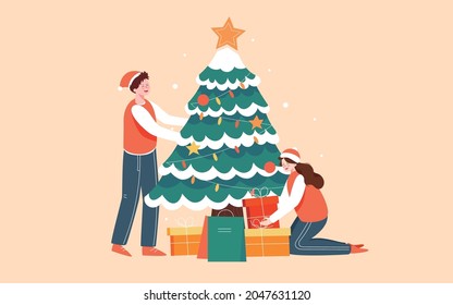 Merry Christmas Character Illustration Christmas Eve Decorated Christmas Tree Poster