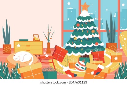 Merry Christmas Character Illustration Christmas Eve Decorated Christmas Tree Poster