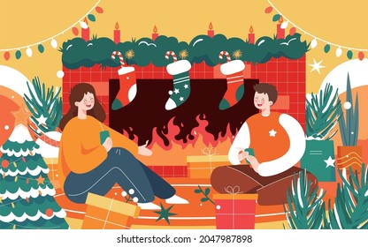 Merry Christmas Character Illustration Christmas Eve Decorated Christmas Tree Poster