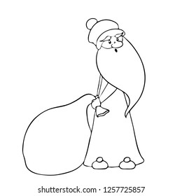 Merry Christmas character on white background. Santa Claus with gifts. Color page