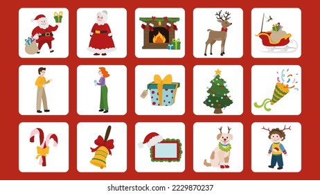 Merry Christmas character set. Santa Claus, his family and decorative elements. Christmas cute characters and design elements.