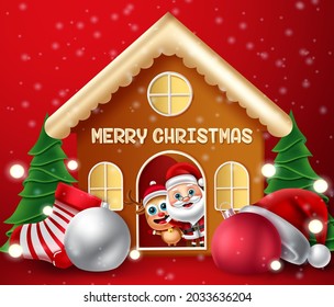 Diseño vectorial de personajes de navidad. Feliz navidad 3d texto en casa con santa claus y pequeños personajes de renos para navidad navideña. Ilustración vectorial.
