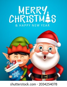 Merry christmas characters vector design. Merry christmas text with santa claus and elf character in friendly and happy facial expression for xmas greeting poster card. Vector illustration.
