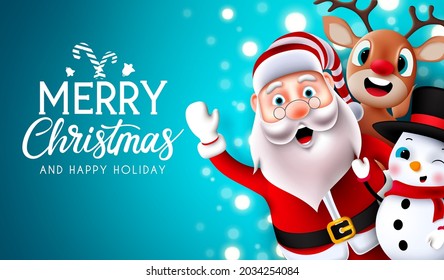 Fröhliche Weihnachtsfiguren, Vektordesign. Frohe Weihnachtsgrüße im blauen Raum mit schwingenden Weihnachtsklauseln, Rentieren und Schneemannscharakter für Feiertage. Vektorgrafik.
