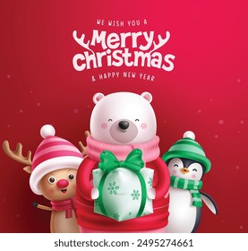 Merry christmas characters vector design. Christmas greeting text with polar bear, reindeer and penguin holding gift box for holiday season red background. Vector illustration greeting card design.  