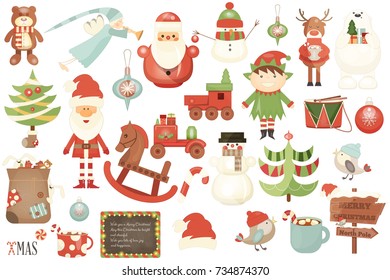 Merry Christmas Characters and Xmas Elements Isolated on White Background. Vector Illustration.