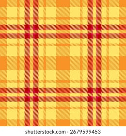 Merry christmas check background texture, canvas plaid vector seamless. Christmas ornament tartan pattern textile fabric in yellow and orange colors palette.