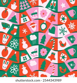 Merry Christmas checkered geometric wavy seamless pattern. Decorative mosaic elements, ornamental square tiles, minimal holiday icons. Flat vector illustration. Gift box packaging design.
