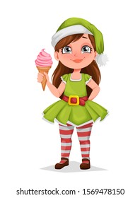 Merry Christmas. Cheerful girl in costume of elf. Kid in Santa Claus helper costume. Cute cartoon character. Vector illustration on white background