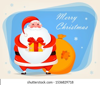 Merry Christmas. Cheerful Santa Claus holding gift box. Funny Santa cartoon character. Vector illustration.