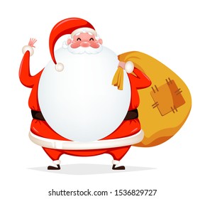 Merry Christmas. Cheerful Santa Claus holding big sack with presents. Funny Santa cartoon character. Vector illustration on white background