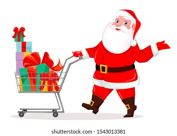 Merry Christmas. Cheerful Santa Claus with shopping cart full of presents. Funny Santa cartoon character. Vector illustration on white background