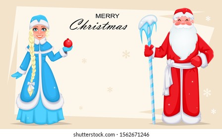 Merry Christmas. Cheerful Santa Claus with shopping cart full of presents. Funny Santa cartoon character. Vector illustration