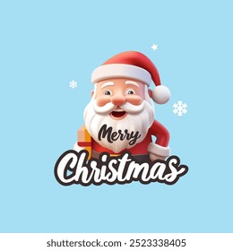 Merry Christmas. Cheerful Santa with a gift, 3D. Calligraphic text, greetings. Blue banner for Christmas celebration concepts, advertising concepts, and sales. Vector illustration.