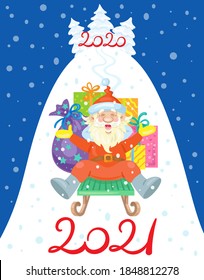Merry Christmas! Cheerful Santa rides in a sleigh from the mountain with gifts. Postcard, poster or banner for 2021. On a blue background. Vector flat illustration.