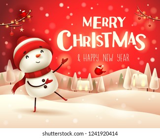 Merry Christmas! Cheerful snowman greets in Christmas snow scene winter landscape. 