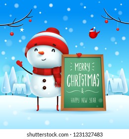 Merry Christmas! Cheerful snowman with message board in Christmas snow scene winter landscape.