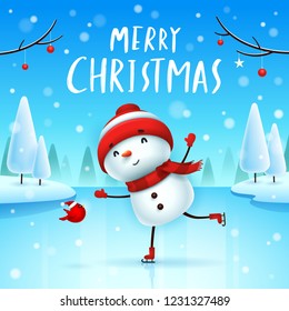 Merry Christmas! Cheerful snowman on skates in Christmas snow scene winter landscape. 